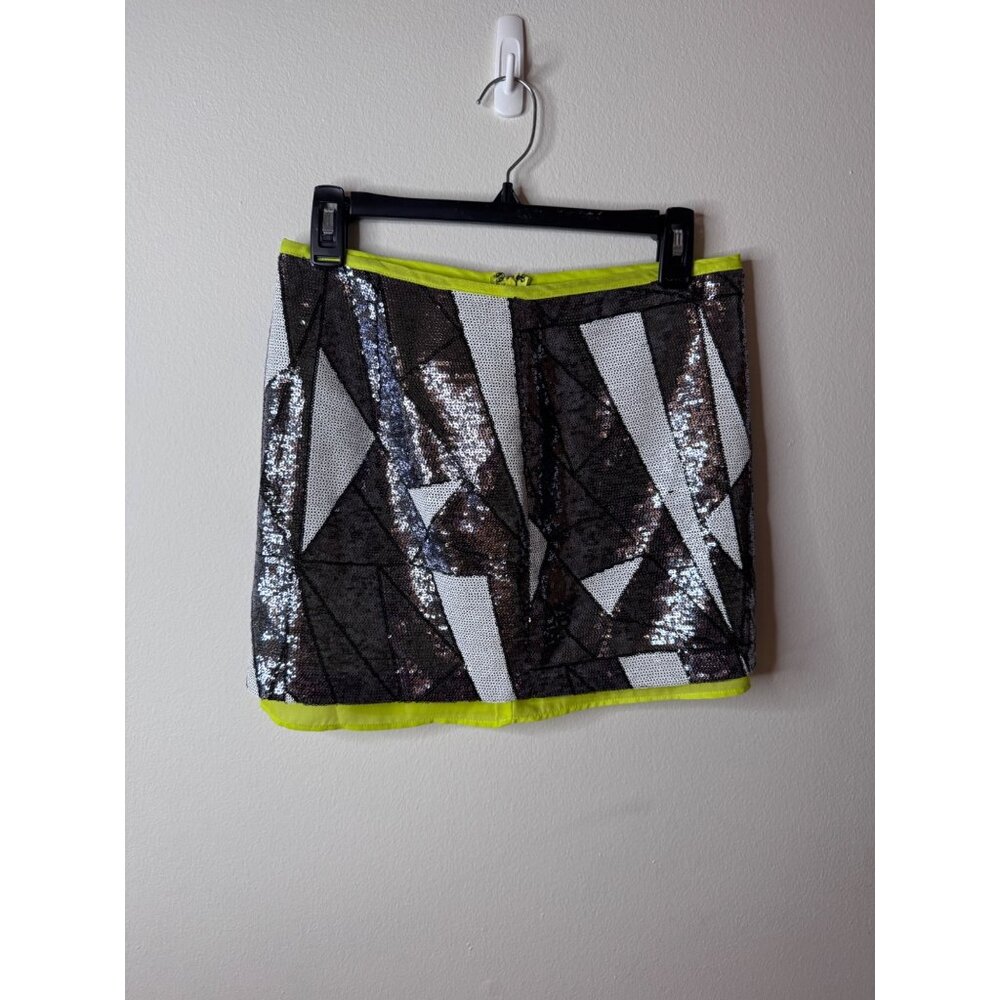Rampage Sequin Skirt Geometric Silver & Black Pattern Neon Yellow Lining NWT - S